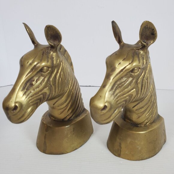 Vintage Brass Zebra Head Bookends Heavy Safari Animal Figurine Pair Mid Century - Picture 5 of 12